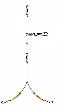 Two baits and bling adorned hook snoods make this wishbone rig a great saltwater fishing rig for flatfish such as plaice and flounder.